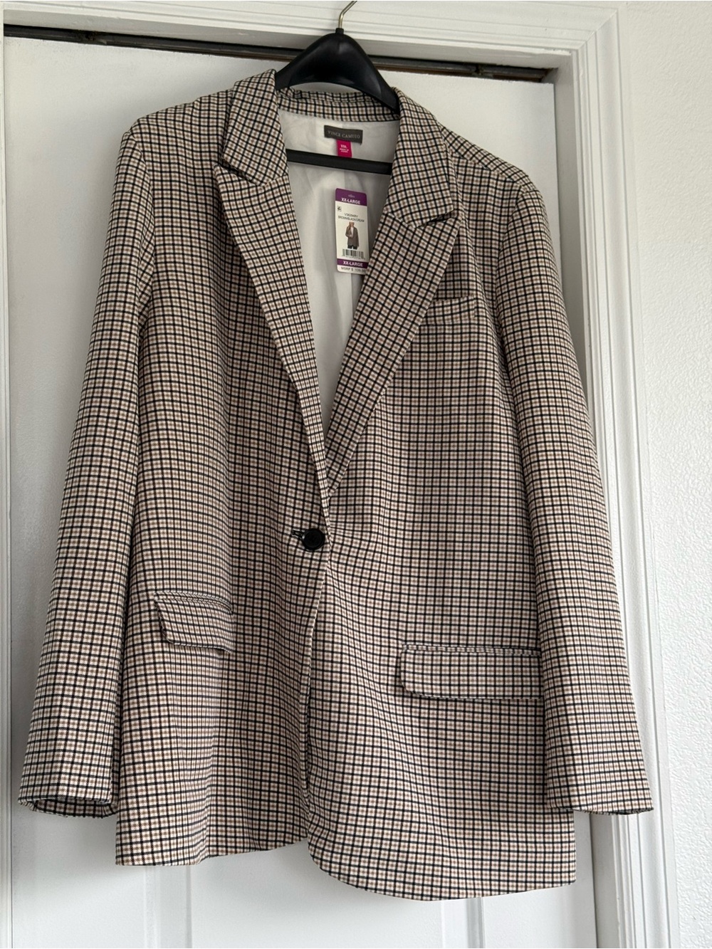 Vince Camuto Black and Beige Checked Single-Button Blazer